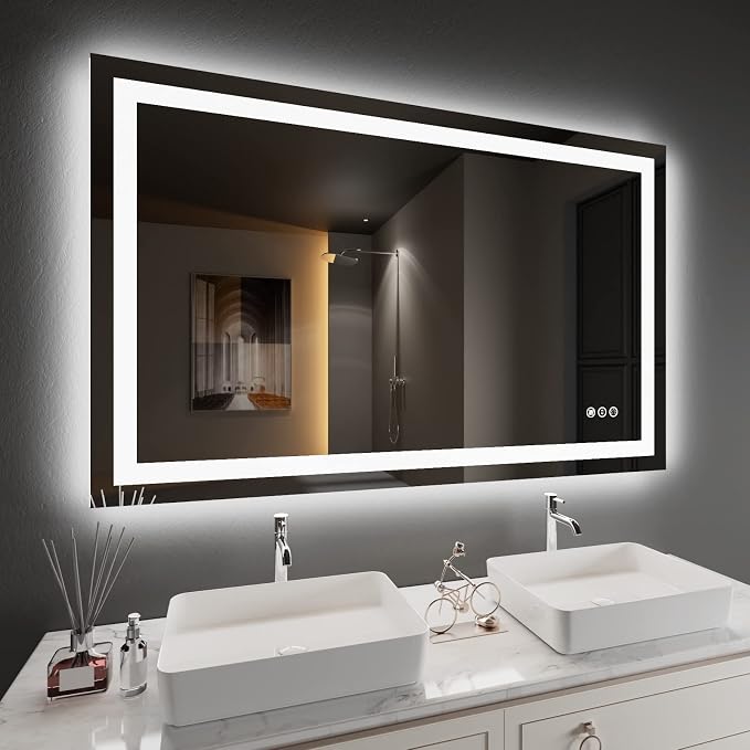 LED Bathroom Mirror 48"X30" with Front Light and Backlit | Stepless Dimmable, Anti-Fog, Shatter-Proof, HD Reflection, Memory, 3 Colors Lighting, UL Listed (Horizontal/Vertical).