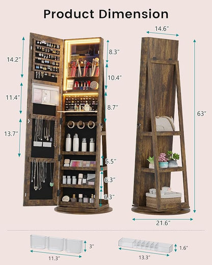 Vlsrka 360° Swivel Mirror Jewelry Cabinet, Lockable Jewelry Armoire, Brown | Standing Jewelry Cabinet with Lights, Framelss Mirror with Storage, Foldable Makeup Shelf, Interior Mirror, Gift for Women