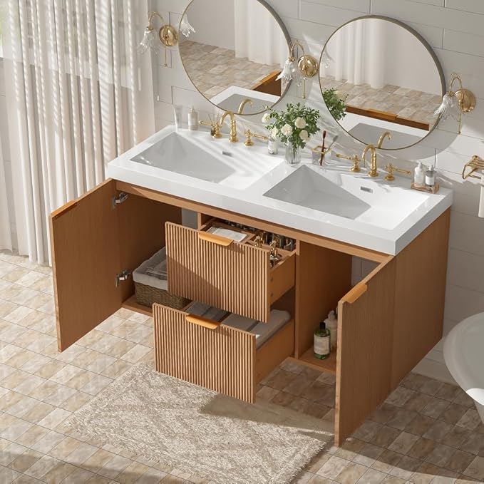48 Inch Floating Bathroom Vanity with Thick SMC Countertop Double Sinks, Wall Mounted Bathroom Vanities Wood Grain Vanity for Bathrooms with 2 Soft-Close Doors 2 Fluted Drawers, Easy Assembly (Wood)