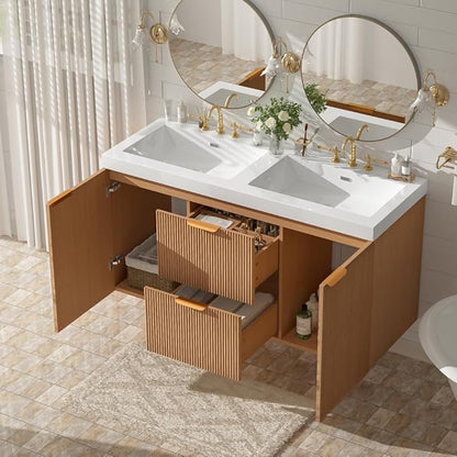 48 Inch Floating Bathroom Vanity with Thick SMC Countertop Double Sinks, Wall Mounted Bathroom Vanities Wood Grain Vanity for Bathrooms with 2 Soft-Close Doors 2 Fluted Drawers, Easy Assembly (Wood)