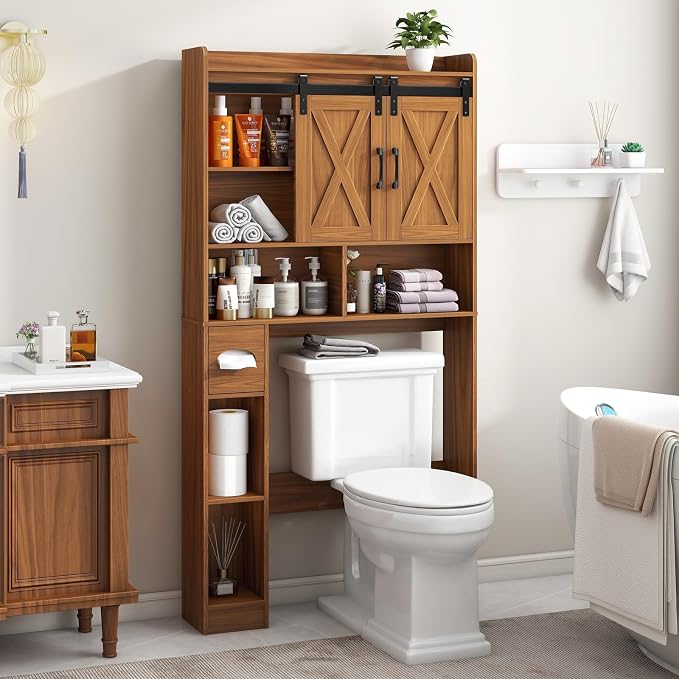 Vabches Over The Toilet Storage Cabinet with Sliding Doors, Caramel | Farmhouse Storage Cabinet Over Toilet, Home Space-Saving Toilet Rack, Toilet Paper Holder Stand,for Restroom,Bathroom,Laundry