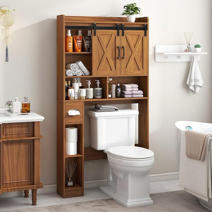 Vabches Over The Toilet Storage Cabinet with Sliding Doors, Caramel | Farmhouse Storage Cabinet Over Toilet, Home Space-Saving Toilet Rack, Toilet Paper Holder Stand,for Restroom,Bathroom,Laundry