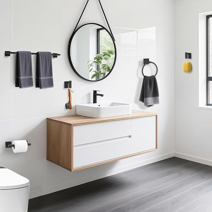 TURS Matte Black 5 Piece Bathroom Hardware Accessories Set, SUS304 Stainless Steel Bath Towel Bar Set, 24 Inch Round Bathroom Accessories Kit Wall Mounted