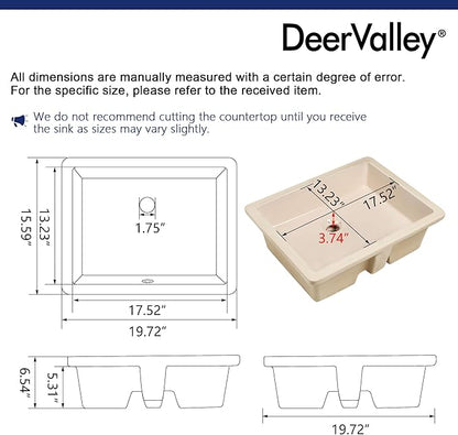 DeerValley Rectangular Undermount Bathroom Sink,19.72"x15.59"x6.54" Modern Vessel Sink Bone Color Undermount Bathroom Sink Rectrangle Porcelain Ceramic Lavatory Vanity Vessel Sink with Overflow