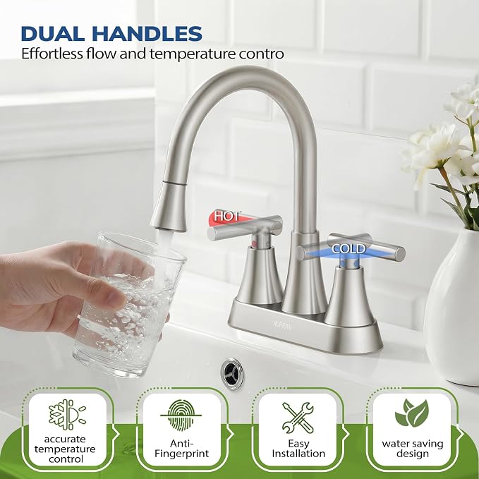 Centerset Bathroom Faucet with Pull Out Sprayer, 4 Inch 2 Handle Sink Faucet with Pop Up Drain, Stainless Steel Vanity Faucet with 2 Supply Hoses, Brushed Nickel