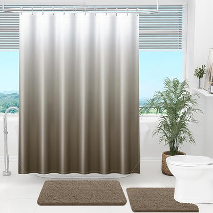 OLANLY Luxury Tan and White Ombre Shower Curtain Sets with 12 Hooks, Waterproof and Washable Decorative Shower Curtains for Bathroom, 72x72 Inches