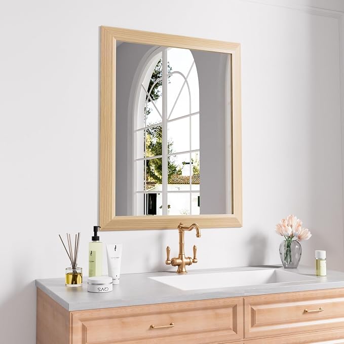 Bathroom Mirror, 24" X30" (Oak Wood Grain) | Metal Frame Mirror for Wall, HD Reflection, Anti-Rust, Horizontally/Vertically, Suitable for Bathroom, Farmhouse, Entryway