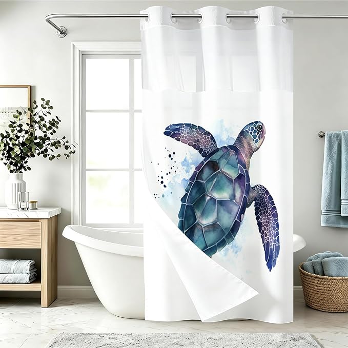 Funny Sea Turtle Shower Curtains Ocean Animal Cartoon Kids Theme No Hook Waffle Weave Shower Curtain with Snap in Liner Polyester Fabric Bathroom Decor Set 36 W x 74 H Inch Teal Purple