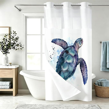 Funny Sea Turtle Shower Curtains Ocean Animal Cartoon Kids Theme No Hook Waffle Weave Shower Curtain with Snap in Liner Polyester Fabric Bathroom Decor Set 36 W x 74 H Inch Teal Purple