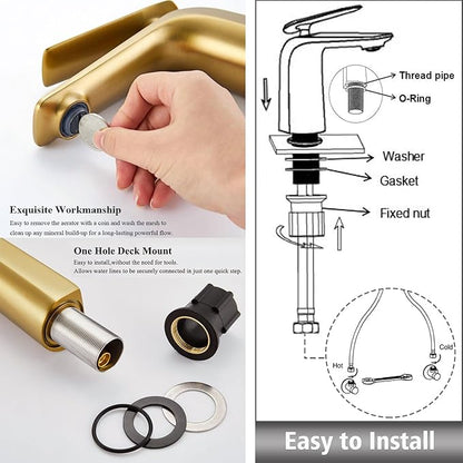 TOCALOCA Brushed Gold Bathroom Faucet, Single Hole, Single Lever, Vessel Sink Faucet, Copper, Aerated Stream, 2.2 GPM, Limited Warranty