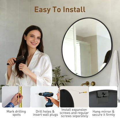 NEWBULIG 30 Inch Round Wall Mirror, Bathroom Mirrors for Over Sink | Metal Framed Circle Vanity Mirror, Wall Decor for Bedroom, Entryway, Anti-Rust, Tempered Glass, Hanging or Leaning, Black