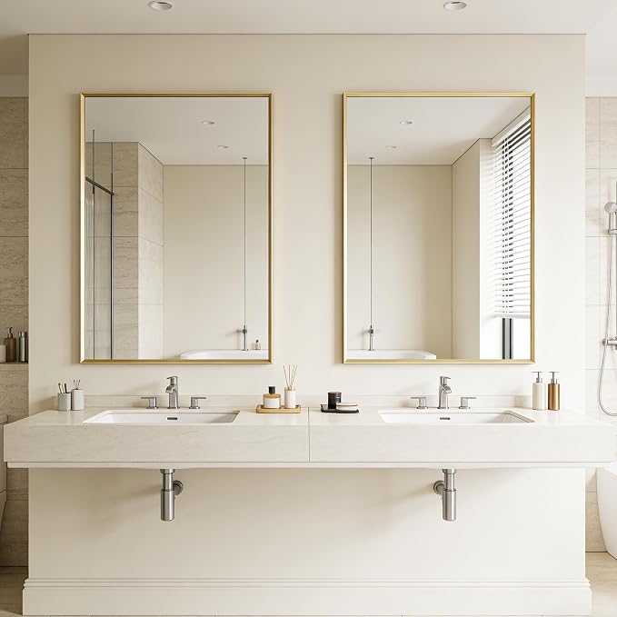 Bathroom Mirror 36" x 24" Brushed Gold Beveled Framed Mirror for Over Sink | Rectanglar Modern Farmhouse Wall Mirror, Tempered Glass, Anti-Rust, Hangs Horizontally or Vertically