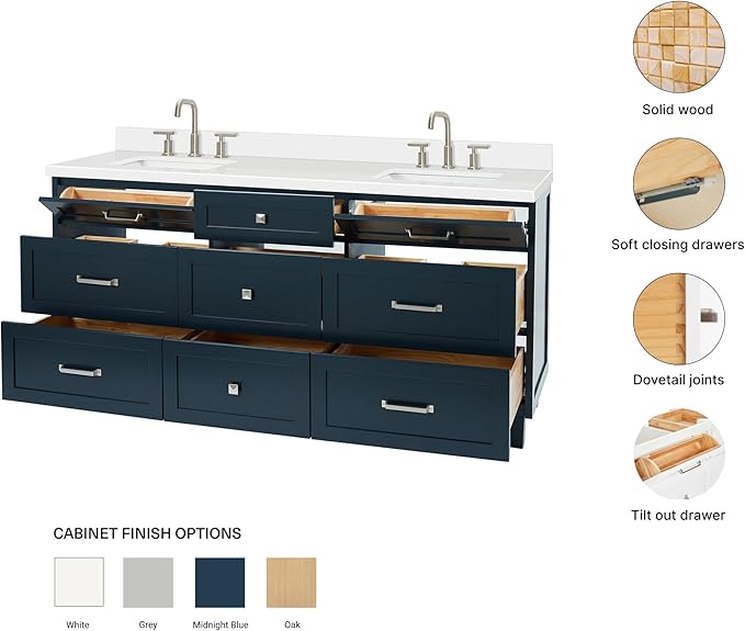 ARIEL Monroe 72-inch Bathroom Vanity with Sink,Solid Wood, 1.5-inch Pure White Quartz Countertop & Backsplash, Double Oval Porcelain Sink, 9 Dovetail Drawers, Brushed Nickel, Midnight Blue