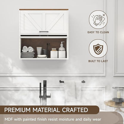 HollyHOME Bathroom Wall Cabinet, Farmhouse Barn Door Wood Medicine Cabinet with Adjustable Shelves, Wall-Mounted Over-The-Toilet Storage,White