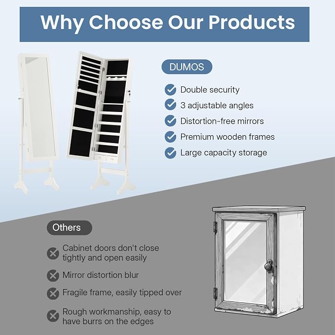 DUMOS Freestanding Jewelry Organizer Cabinet with Full Length Mirror | Standing Jewelry Armoire, Lockable, 47.3" Mirror with Storage, 2 Drawers, 3 Adjustable Angles (13°/23°/30°), White