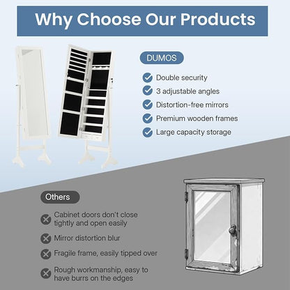 DUMOS Freestanding Jewelry Organizer Cabinet with Full Length Mirror | Standing Jewelry Armoire, Lockable, 47.3" Mirror with Storage, 2 Drawers, 3 Adjustable Angles (13°/23°/30°), White
