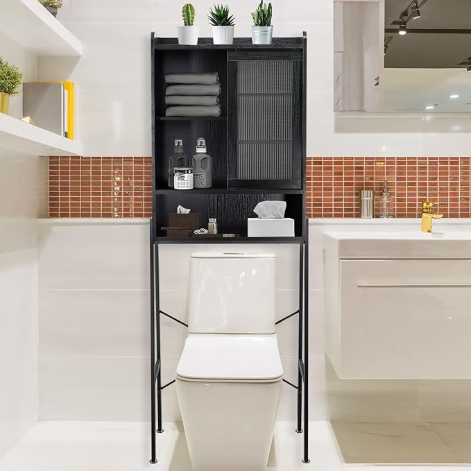 SUNTAGE Over Toilet Storage Cabinet for Bathroom, Over Toilet Shelf Organizer, Freestanding Space Saver with Adjustable Shelves, Wide Open Shelf, Acrylic Sliding Door, Metal Frame, Black