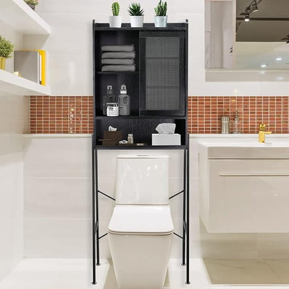 SUNTAGE Over Toilet Storage Cabinet for Bathroom, Over Toilet Shelf Organizer, Freestanding Space Saver with Adjustable Shelves, Wide Open Shelf, Acrylic Sliding Door, Metal Frame, Black
