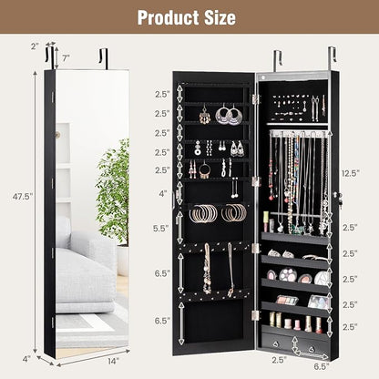 LDAILY Jewelry Armoire Wall or Door Mounted, Full-Length Mirror with Storage, Lockable Mirror Jewelry Cabinet w/ 2 Drawers, LED Lights, Over the Door Jewelry Organizer Box for Women Girls