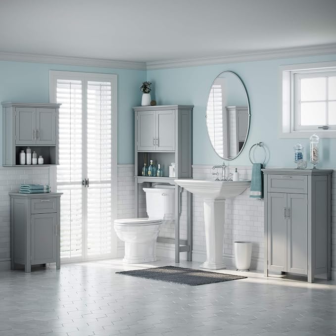 RiverRidge Somerset Two-Door Floor Cabinet, Gray | Laundry Room Linen Cabinet, Bath Medicine Floor Cabinet with Easy-Slide Drawer, Adjustable Interior Shelf