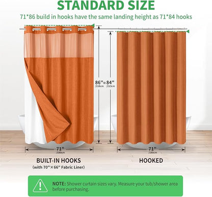 eachope Extra Long No Hook Shower Curtain and Liner Set,71x86 Burnt Orange | Extra Long,Linen Texture,230GSM Thick Fabric,Mesh Window,Bottom Magnetic,Waterproof & Machine Washable,for Bathroom,Hotel Use