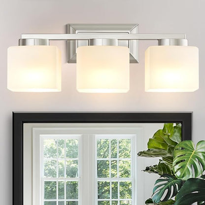 3-Light Bathroom Light Fixtures - Brushed Nickel Bathroom Vanity Lights with Glass Shade Modern Bathroom Lighting Fixtures Over Mirror - Wall Sconce Lamps for Bedroom,Living Room,Hallway