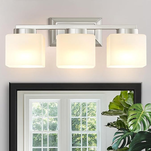 3-Light Bathroom Light Fixtures - Brushed Nickel Bathroom Vanity Lights with Glass Shade Modern Bathroom Lighting Fixtures Over Mirror - Wall Sconce Lamps for Bedroom,Living Room,Hallway