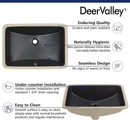 DeerValley DV-1U0086 Ally Undermount Bathroom Sink 21'' x 15'' Rectangular Bathroom Undermount Sink Vitreous China Bathroom Sink with Overflow, Matte Black