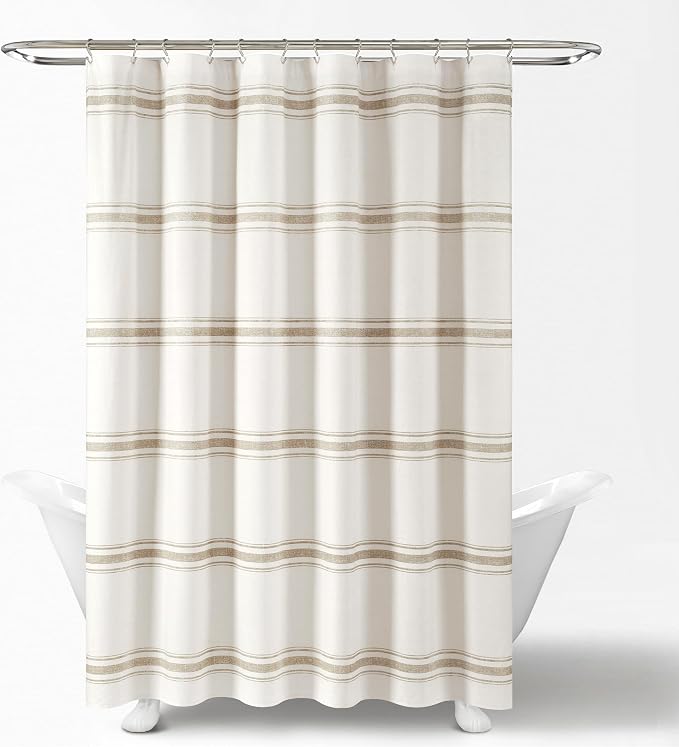 Lush Decor Farmhouse Stripe Cotton Shower Curtain, 72" W x 72" L, Neutral - Striped Bathroom Curtain - Fabric Shower Curtains - Farmhouse Bathroom Decor