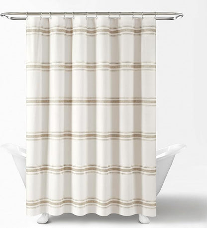 Lush Decor Farmhouse Stripe Cotton Shower Curtain, 72" W x 72" L, Neutral - Striped Bathroom Curtain - Fabric Shower Curtains - Farmhouse Bathroom Decor