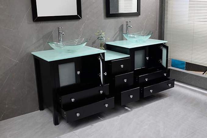 76" Freestanding Wooden Modern Bathroom Vanity with Double Vessel Sink Set Bathroom Mirror Included