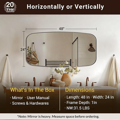 Brushed Bronze Bathroom Mirror, 24x48 Oblong Mirror with Stainless Steel Metal Frame, Oval Vanity Mirror for Over Sink, Modern Anti Rust Wall Mounted