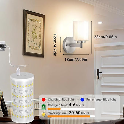 Battery Operated Wall Sconce Set of 2, Wireless Wall Sconce with Remote,10000mAh Rechargeable RGB Dimmable Bathroom Light Fixtures with Double Clear Glass Shade NOT Hardwired (Nickel)