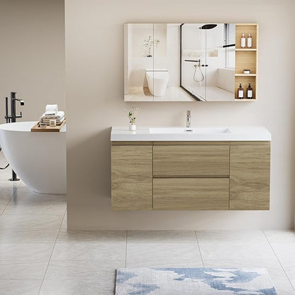 48 Inch Floating Bathroom Vanity with Single Sink, Modern Wall-Mounted Bathroom Vanity Storage Cabinet Organizer with 2 Soft Closing Doors and 2 Drawers (Natural Oak)