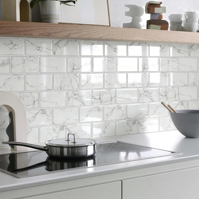 STICKGOO Subway Tile Peel and Stick Backsplash, Thicker Design 12" x 12" Stick on Backsplash Tiles for Kitchen, Bathroom, Wall Tile (10 Sheets, Grey Marble Look)