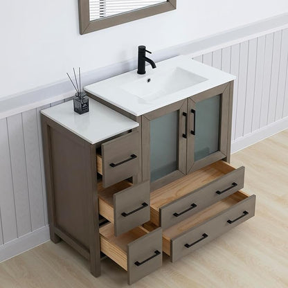 Vanity Art 42 Inch Under Mount Single Sink Bathroom Vanity Cabinet with 1 Mirror, Ceramic Top Bathroom Cabinet Compact Set with 5 Dovetail Storage Drawers, Matte Black Handles, VA3030-42-DG