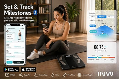 INW Smart Body Fat Scale, Digital Bathroom Scale with BMI, Body Composition, Bluetooth, Multi-User, 3 AAA Batteries Included (Black)