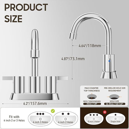Phiestina 4 Inch Centerset 2 or 3 Holes 2 Handle Chrome Lead-Free Bathroom Faucet, Swivel Spout with Copper Pop Up Drain and 2 Water Supply Lines, BF015-1-C