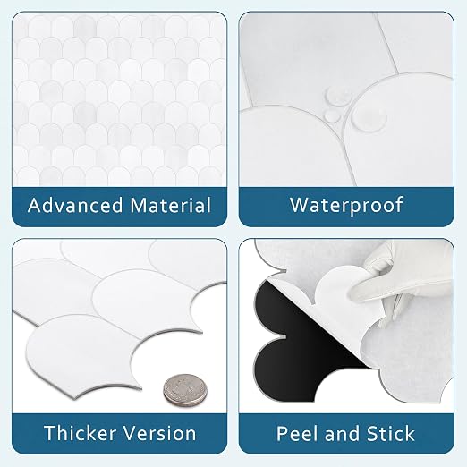 SUNWINGS 10-Sheet Fish Scale Peel and Stick Backsplash Tile, 11.4'' x 10.9" Stone Composite Scallop Handmade Looks Self-Adhesive Wall Tiles for Kitchen Bathroom, White Mixed