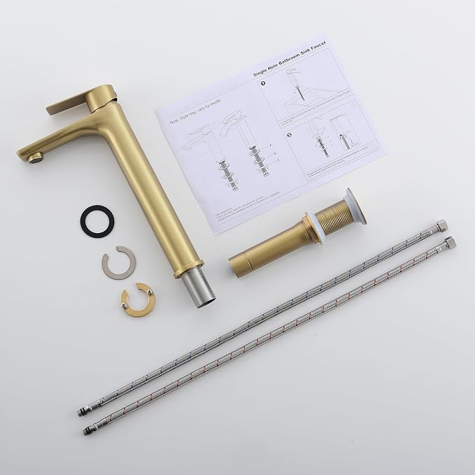TONNY Single Handle Gold Bathroom Sink Faucet | Tall Vanity Faucet with Deck Plate for 1 or 3 Holes, Stainless Steel, with Pop Up Drain for Vessel Sink Laundry Lavatory RV