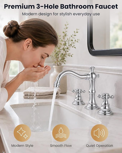 gotonovo 3 Hole 8’’ Widespread Bathroom Sink Faucet Polished Chrome | Vintage Bathroom Faucet,2 Cross Handle,6-16’’ Sink,Vanity,Basin,RV,Farmhouse,SUS304,24’’ cUPC Hose Pop Up Drain,Deck Mount