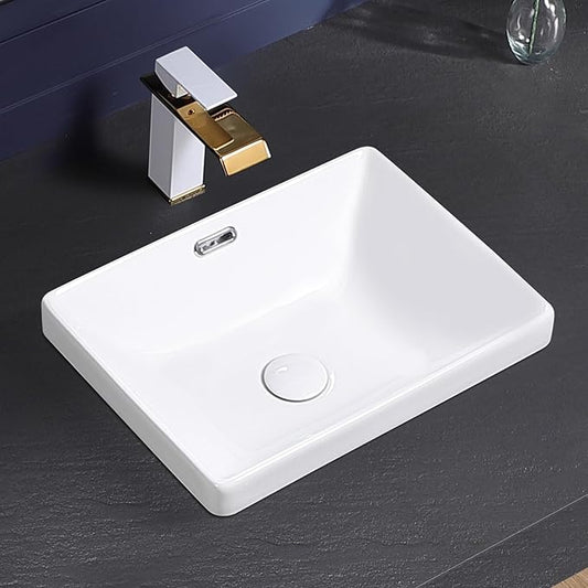Semi Recessed Bathroom Sink 17"x13" Vessel Sink Drop-in White Porcelain Ceramic Modern Rectangular Sinks Basin Vanity Sinks with Overflow for Bathrooms
