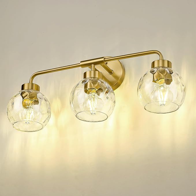 zeyu Brushed Gold 23-Inch 3-Light Bathroom Vanity Lighting, ZS62BG-3W BG-WG | Bathroom Wall Light Fixtures, 3 E26 Bulbs Up To 60W Each, Up/Down Mount, Water Ripple Globe Glass, For Bathroom Mirror
