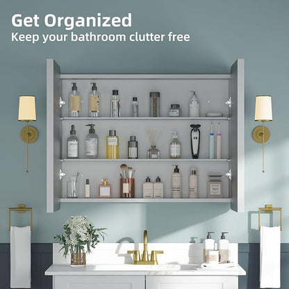 Bathroom Medicine Cabinet with Mirror 24x30Inch, Silver Medicine Cabinet Recessed or Surface Wall-Mounted, Mirrored Cabinets with Sturdy Metal Adjustable Shelves for Bathroom Vanity