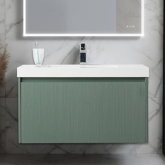 Blossom 36 Inch Bathroom Vanity with Sink, All Wood Wall Mounted Floating Bathroom Vanity Cabinet with Acrylic Sink, Bathroom Sink Cabinet w/Soft-Close Drawer, Modern Style Vanities, Aventurine Green