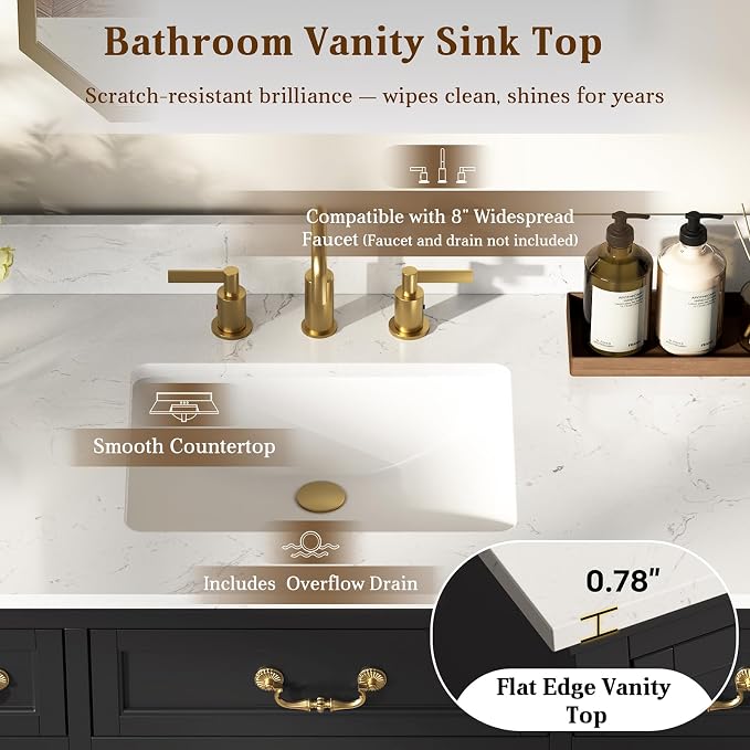 48 Inch Classic Black Bathroom Vanity with Sink, Solid Wood | Pre Assembled, Freestanding Storage Cabinet, Single Ceramic Sink, Engineered Stone Top, Soft Closing Doors, Dovetail Drawers