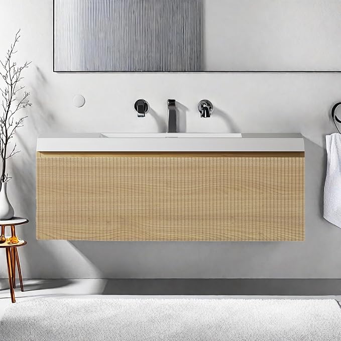 Wall Mounted Bathroom Sink Vanity, Modern 36" Floating Vanity with Resin Top Basin Sink and U-Shaped Soft-Close Storage Drawer, Striped Bathroom Storage Cabinet with Invisible Handle, Wood
