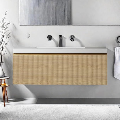 Wall Mounted Bathroom Sink Vanity, Modern 36" Floating Vanity with Resin Top Basin Sink and U-Shaped Soft-Close Storage Drawer, Striped Bathroom Storage Cabinet with Invisible Handle, Wood