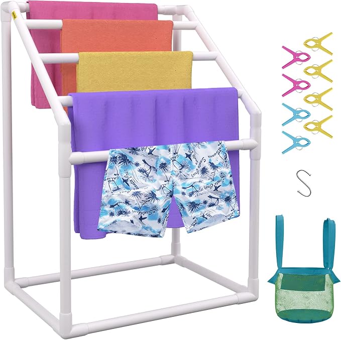 VEVOR Pool Towel Rack, 5 Bar, White, Freestanding Outdoor PVC Trapedozal Poolside Storage Organizer, Include 8 Towel Clips, Mesh Bag, Hook, Also Stores Floats and Paddles, for Beach, Swimming Pool