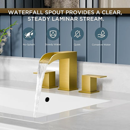 QFN Brushed Gold Bathroom Faucet 3 Hole, 8 Inch Widespread Square Bathroom Sink Faucet with Metal Pop-up Drain and 24" CUPC Supply Line, Lead-Free 2 Handles for Vanity, Restroom, Lavatory and Mall